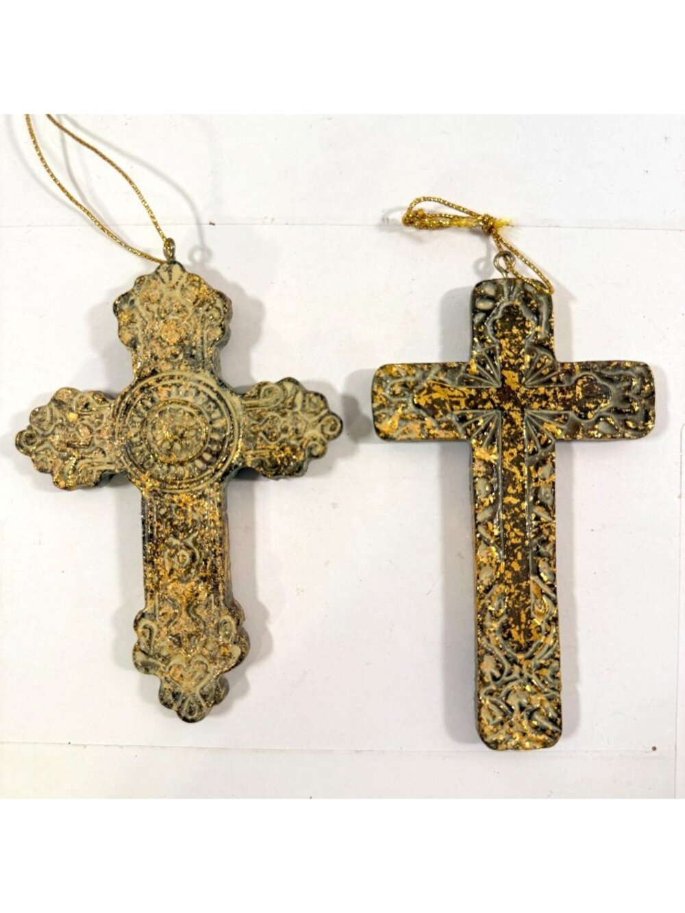 Ornate Hanging Gold Metallic Cross Christmas Ornaments Lot of 2